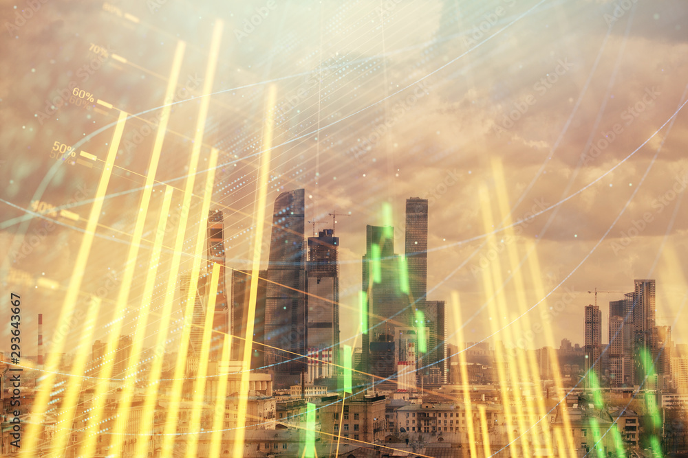 Fototapeta premium Double exposure of financial graph on downtown veiw background. Concept of stock market research and analysis