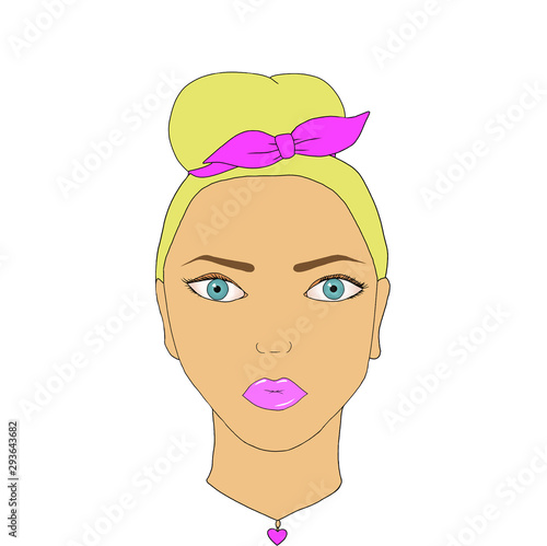 Beautiful stylish cartoon blond woman, fashion and beauty cosmetic concept. Art. Young girl face with blue eyes and pink lips with a beautiful bow in her hair.
