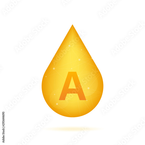 Vitamin A gold icon. Retinol vitamin drop pill capsule. Shining golden essence droplet. Beauty treatment nutrition skin care design. Vector illustration.
