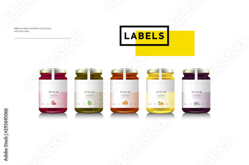 Glass jars with with jam, configure or honey. Vector illustration. Packaging collection. Label for jam. Bank realistic. Mock up jam jars with design labels or badges.