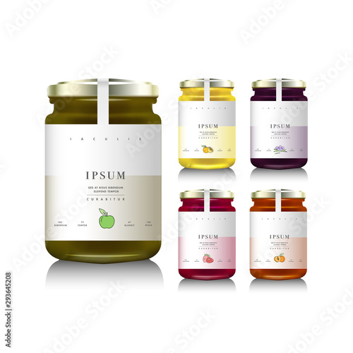 Glass jars with with jam, configure or honey. Vector illustration. Packaging collection. Label for jam. Bank realistic. Mock up jam jars with design labels or badges.