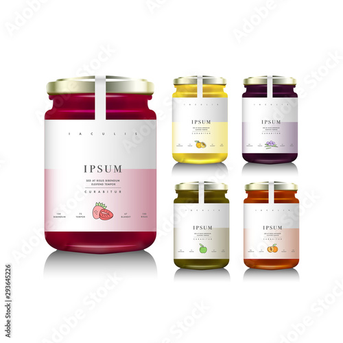 Glass jars with with jam, configure or honey. Vector illustration. Packaging collection. Label for jam. Bank realistic. Mock up jam jars with design labels or badges.