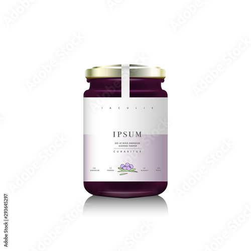 Realistic glass bottle packaging for fruit jam design. Fig jam with design label, typography, line drawing figs illustration. Mock up