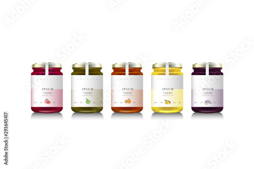 Glass jars with with jam, configure or honey. Vector illustration. Packaging collection. Label for jam. Bank realistic. Mock up jam jars with design labels or badges.