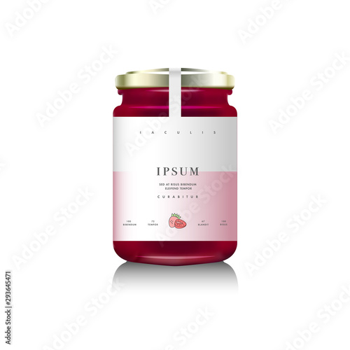 Realistic glass bottle packaging for fruit jam. Raspberry or strawberry jam with design label, typography, line strawberry icon.