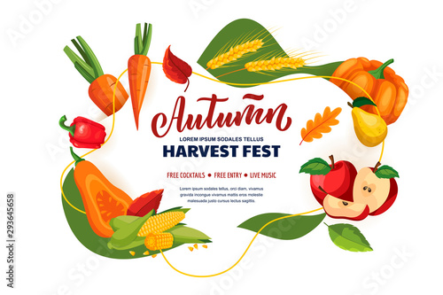Autumn harvest festival and fall fair poster, banner design layout. Vector flat cartoon illustration.