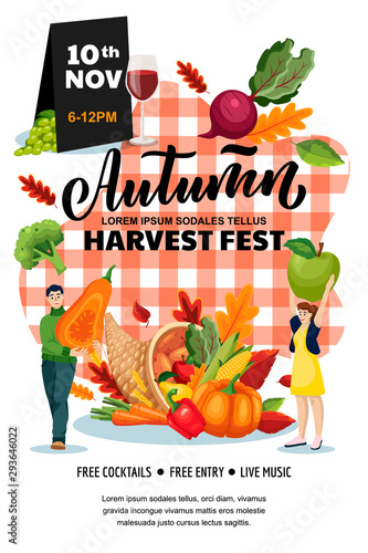 Autumn harvest festival poster, banner design layout. Fall fair or city picnic concept. Vector flat cartoon illustration