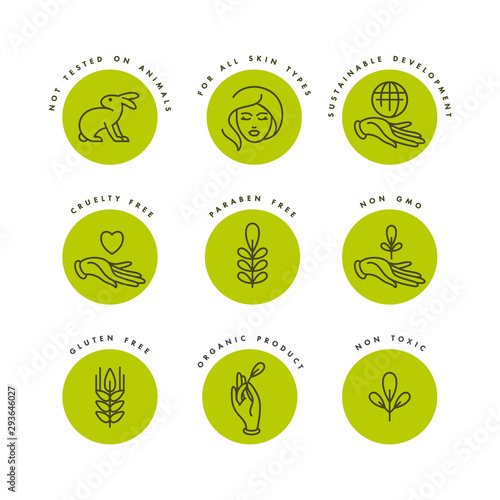 Vector set of logos, badges and icons for natural and organic products. Eco safe sign design. Collection symbol of healthy products.