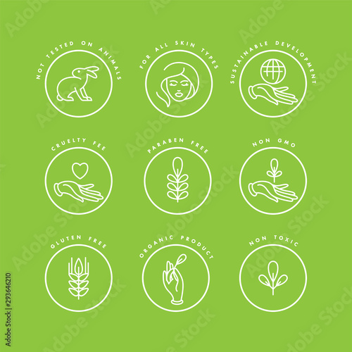 Vector set of logos, badges and icons for natural and organic products. Eco safe sign design. Collection symbol of healthy products.