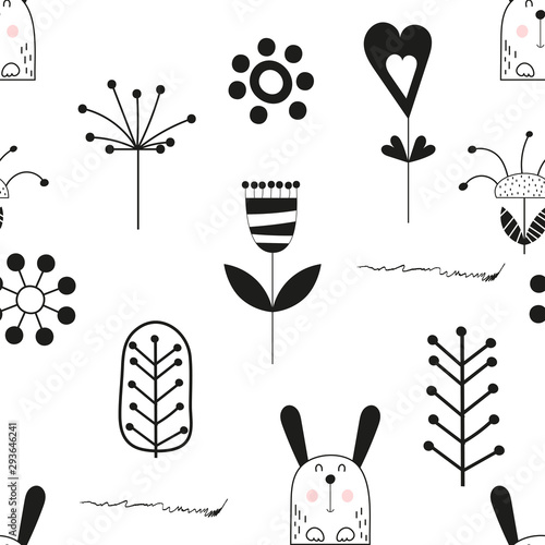 Monochrome childish seamless pattern with cute hare and flowers in Scandinavian style. Vector Illustration. Kids illustration for nursery design. Great for baby clothes, greeting card, wrapping paper.