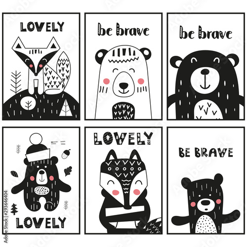 Monochrome posters set for nursery scandi design with funny animals - bear, fox in Scandinavian style. Vector Illustration. Kids illustration for baby clothes, greeting card, wrapping paper.