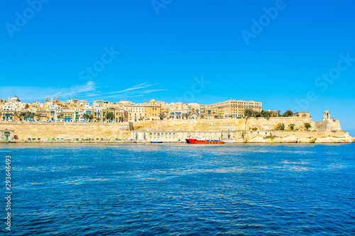 Landscape of old Valletta with old buildings and Grand Harbour