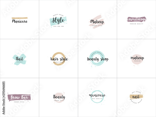 Vector set emblems, badges or logos design templates for nail studio, beauty shop sign with round spots and brush stroke.
