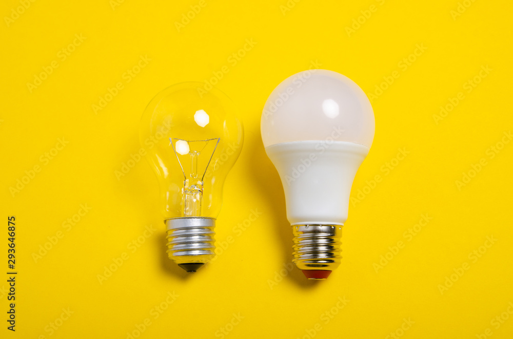 LED lamp bulb idea on yellow background, top view LED lamp bulb idea on yellow background, top view