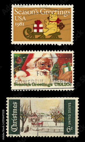 Briefmarken stamps Weichnacthen Christmas USA Amerika United States Teddy Schlitten 1981 Santa Claus Weihnachtsmann Winter Landschaft Schnee Eis Geschenke vintage retro photo