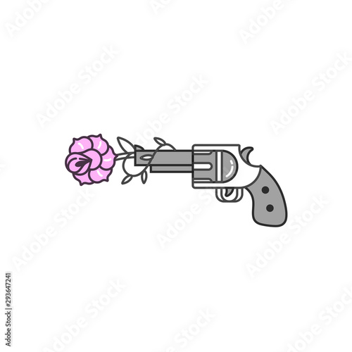 Vector illustration gun shooting flower. Linear graphic print for t-shirts. Poster or print old school style.