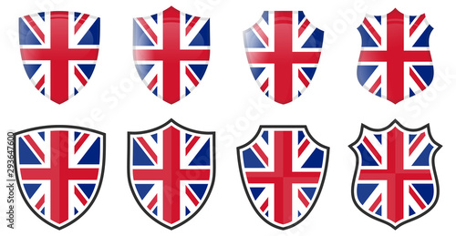Vertical British flag in shield shape, four 3d and simple versions. United Kingdom icon / sign