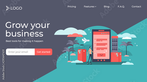 Booking online tiny person vector illustration landing page template design