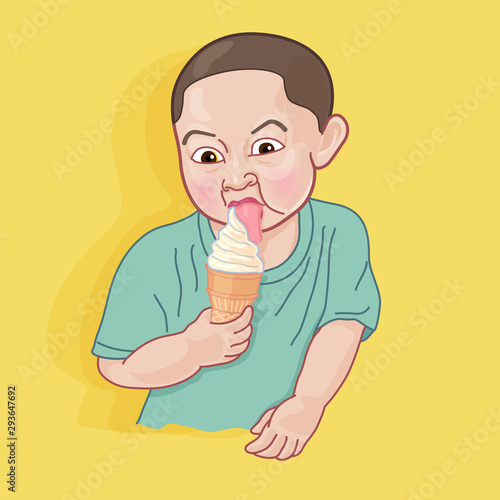 Kid deliciously eating icecream. Cute boy licking icecream on yellow background.