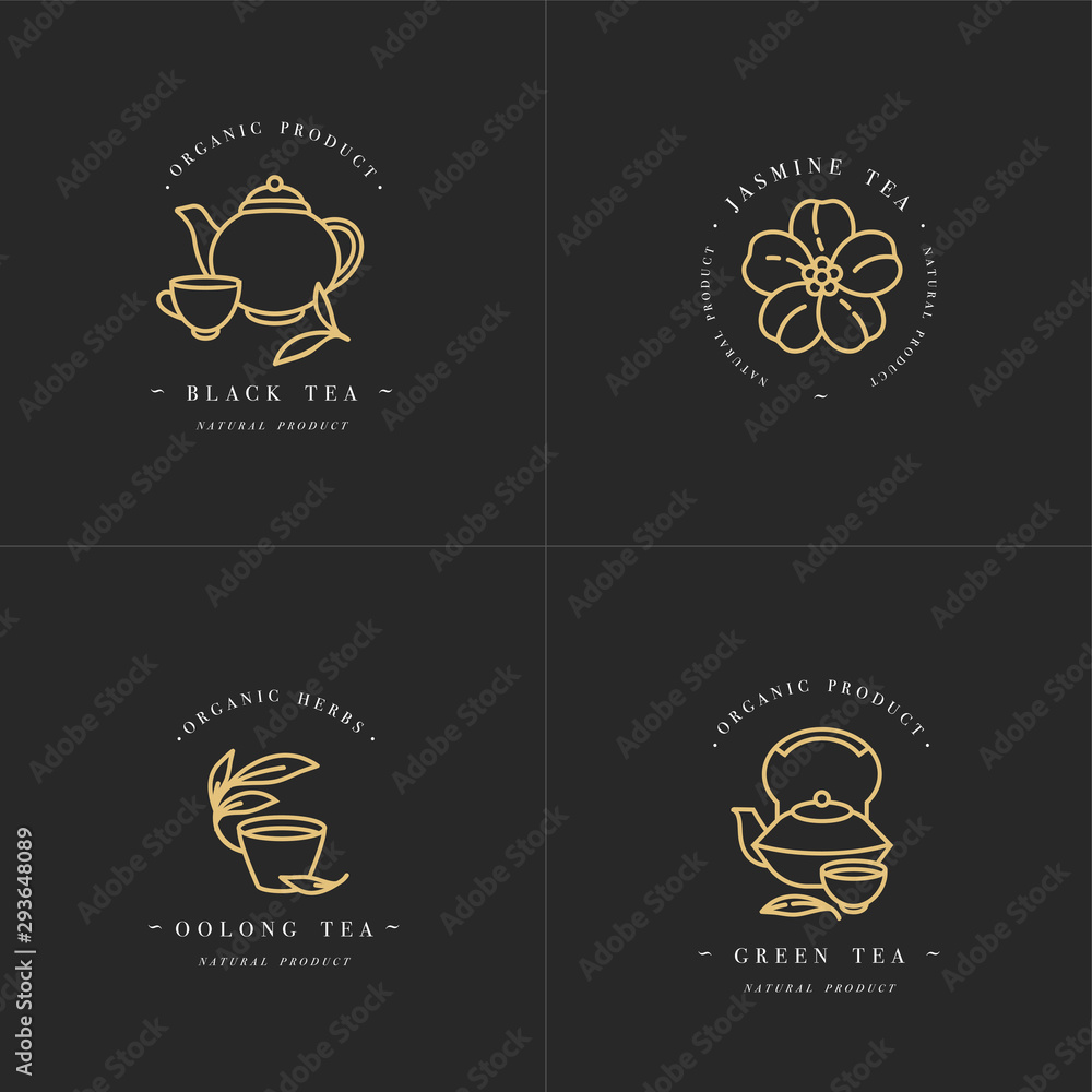 Vector set design golden templates logo and emblems - organic herbs and teas . Different teas icon- jasmine, black, green and oolong . Logos in trendy linear style isolated on white background.