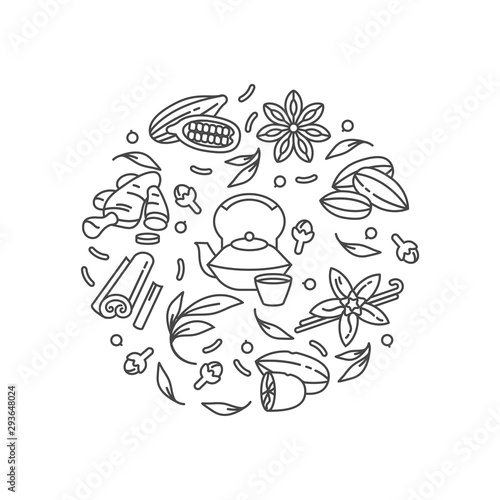 Vector set design monochrome templates icon and emblems - organic herbs and different spices. Masala teas icons composition. Symbol in trendy linear style isolated on white background.