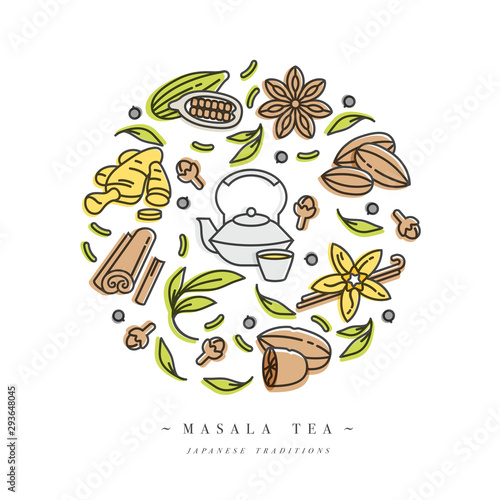 Vector set design colorful templates icon and emblems - organic herbs and different spices. Masala teas icons composition. Symbol in trendy linear style isolated on white background.