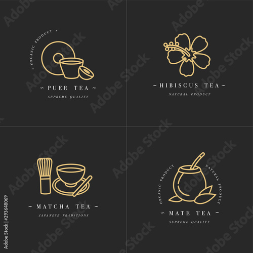 Vector set design golden templates logo and emblems - organic herbs and teas . Different teas icon-puer, hibiscus, mate and matcha. Logos in trendy linear style isolated on white background.