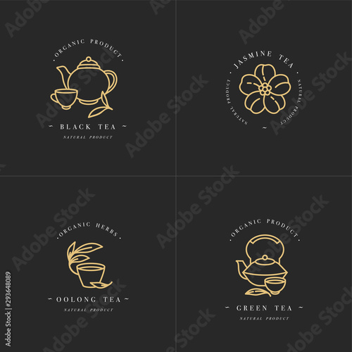 Vector set design golden templates logo and emblems - organic herbs and teas . Different teas icon- jasmine  black  green and oolong . Logos in trendy linear style isolated on white background.