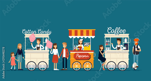 Creative detailed vector street coffee cart, popcorn and cotton candy shop with sellers. Young people buy street food or junk food in food festival event.