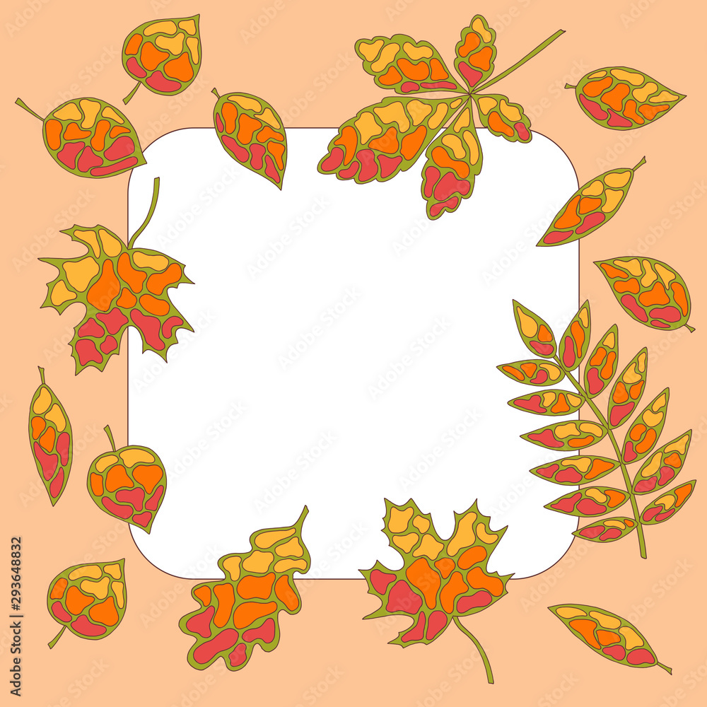 Frame of autumn leaves, in the style of stained glass, on an orange background