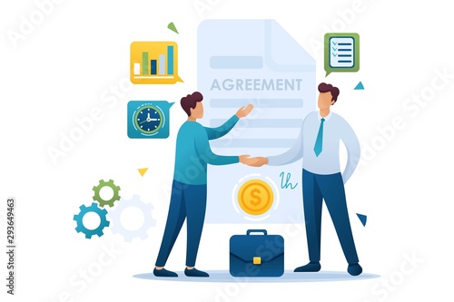 Young Businessmen agreement partners, growth revenue schedules. Flat 2D character. Concept for web design