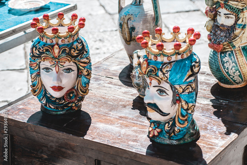 Sicilian сeramic vases King and Queen in the form of heads (Moors head) in the vintage market. Sicilian tradition art photo