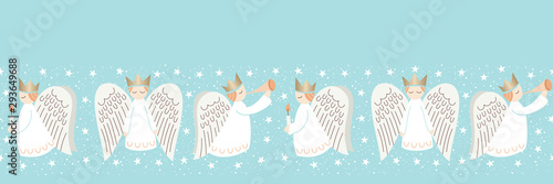 Cute Christmas Scandinavian Style Angels and Stars on Aqua Background Vector Seamless Horizontal Border Pattern
