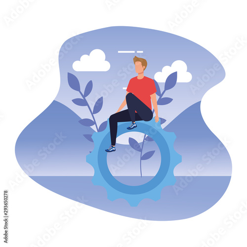young man with gear pinion in landscape vector illustration design