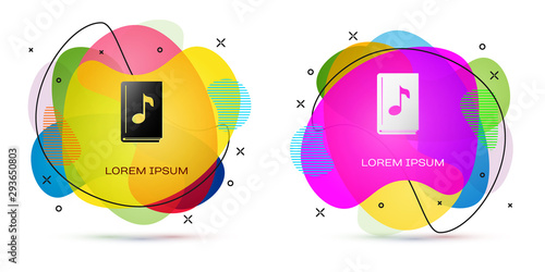 Color Audio book icon isolated on white background. Musical note with book. Audio guide sign. Online learning concept. Abstract banner with liquid shapes. Vector Illustration