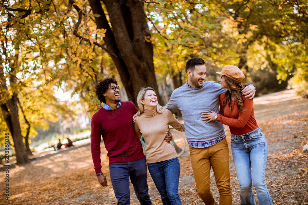 Multiracial young people walking in the autumn park and having fun Multiracial young people walking in the autumn park and having fun