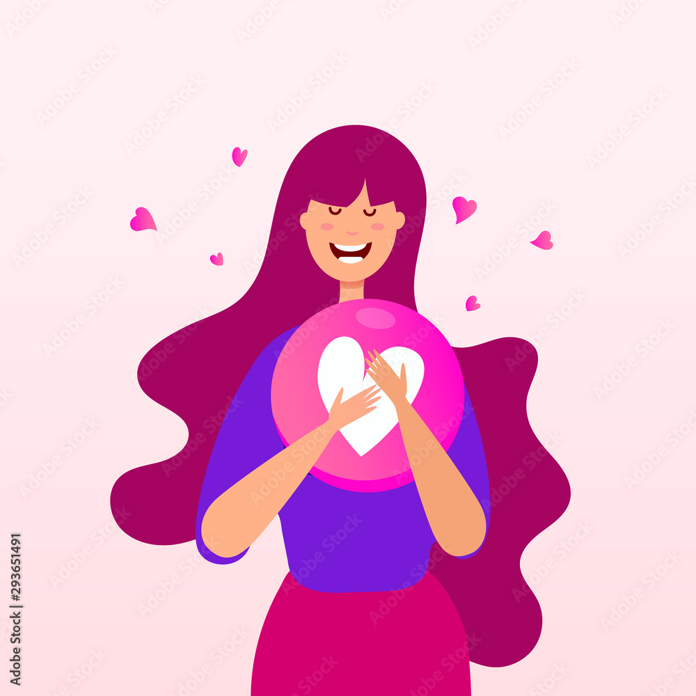 Young girl with emotion heart shape balloon on a pink background. Happy Valentines Day greeting card Young girl with emotion heart shape balloon on a pink background. Happy Valentines Day greeting card