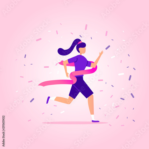 Young woman running on the stadium to win and succeed. Business and Leadership. Landing page and header concept