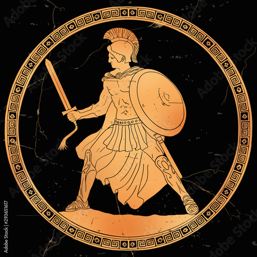 Ancient Greek warrior with a sword and a shield in his hands in battle. Gladiator on a round medallion with a meander.