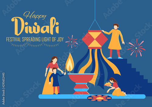 illustration of Indian people celebrating on Happy Diwali Hindu Holiday background for light festival of India