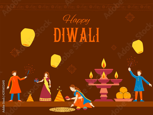 illustration of Indian people celebrating on Happy Diwali Hindu Holiday background for light festival of India
