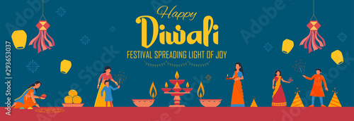 illustration of Indian people celebrating on Happy Diwali Hindu Holiday background for light festival of India