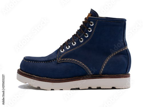 Men fashion navy boot with nubuck leather isolated on white background. Side view