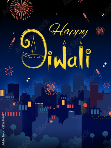 illustration of Firework on Indian cityscape for Happy Diwali Holiday background for light festival of India