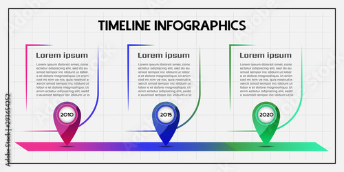 Infographics design for company timeline milestone template with years in series and text box for summary description of event.
