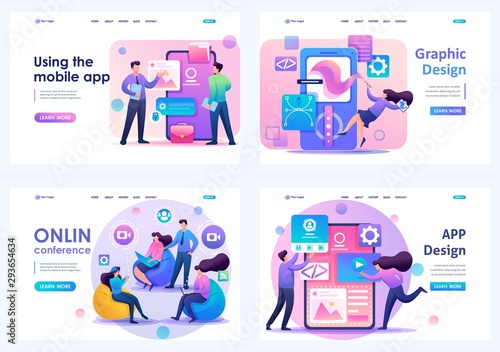 Set Flat 2D concepts online conference, Using mobile app, APP Design, Graphic Design. For Landing page concepts and web design