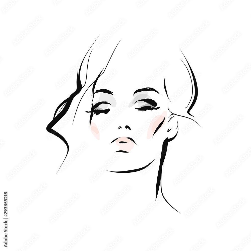 Hand-drawn portrait of young woman. Face of beautiful girl with makeup and hairstyle. Fashion illustration in sketch style. Vector Hand-drawn portrait of young woman. Face of beautiful girl with makeup and hairstyle. Fashion illustration in sketch style. Vector