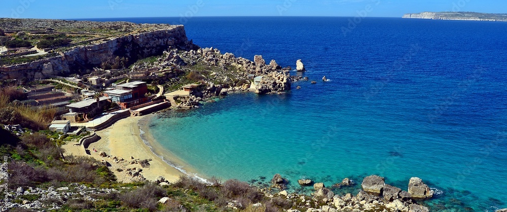 Mediterranean coastline and cliffs of Malta and Gozo.