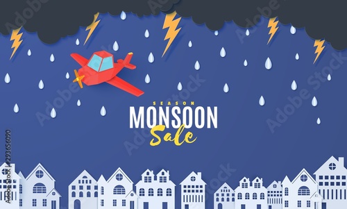 Red airplane flying in the storm over houses in the paper cut style. Rain thunder lightning clouds and city buildings. Vector rainy weather concept template for autumn monsoon sale banner.