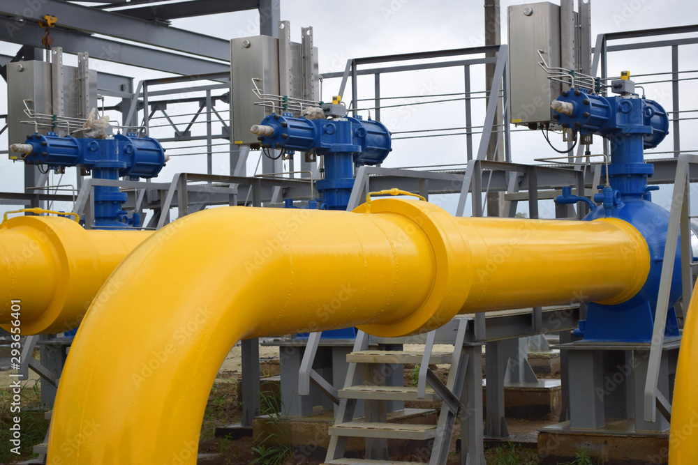 Oil and gas industry, Highpressure gas pipeline, blue and yellow, Piping and valves, Equipment